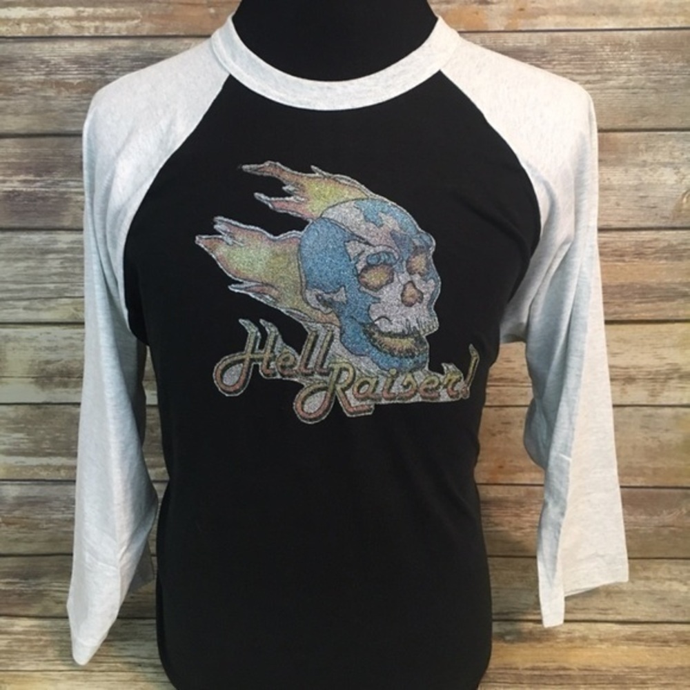Vintage 1980s Hellraiser Skull On Fire Glitter Iron-On Black Gray Raglan Shirt